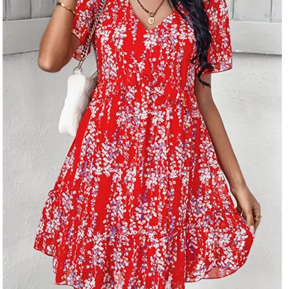 Women’s Summer Dress Ruffle V Neck Tunic Dress Floral Casual Loose flowy dress - Picture 2 of 11
